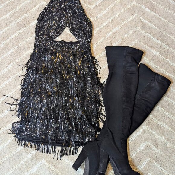Belle Cut Out Fringe Trim Backless Sequin Halter Dress Size M - Picture 8 of 8